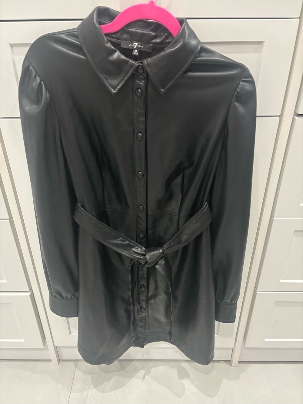 7 for all mankind Black Faux Leather Button-Front Belted Shirt Dress